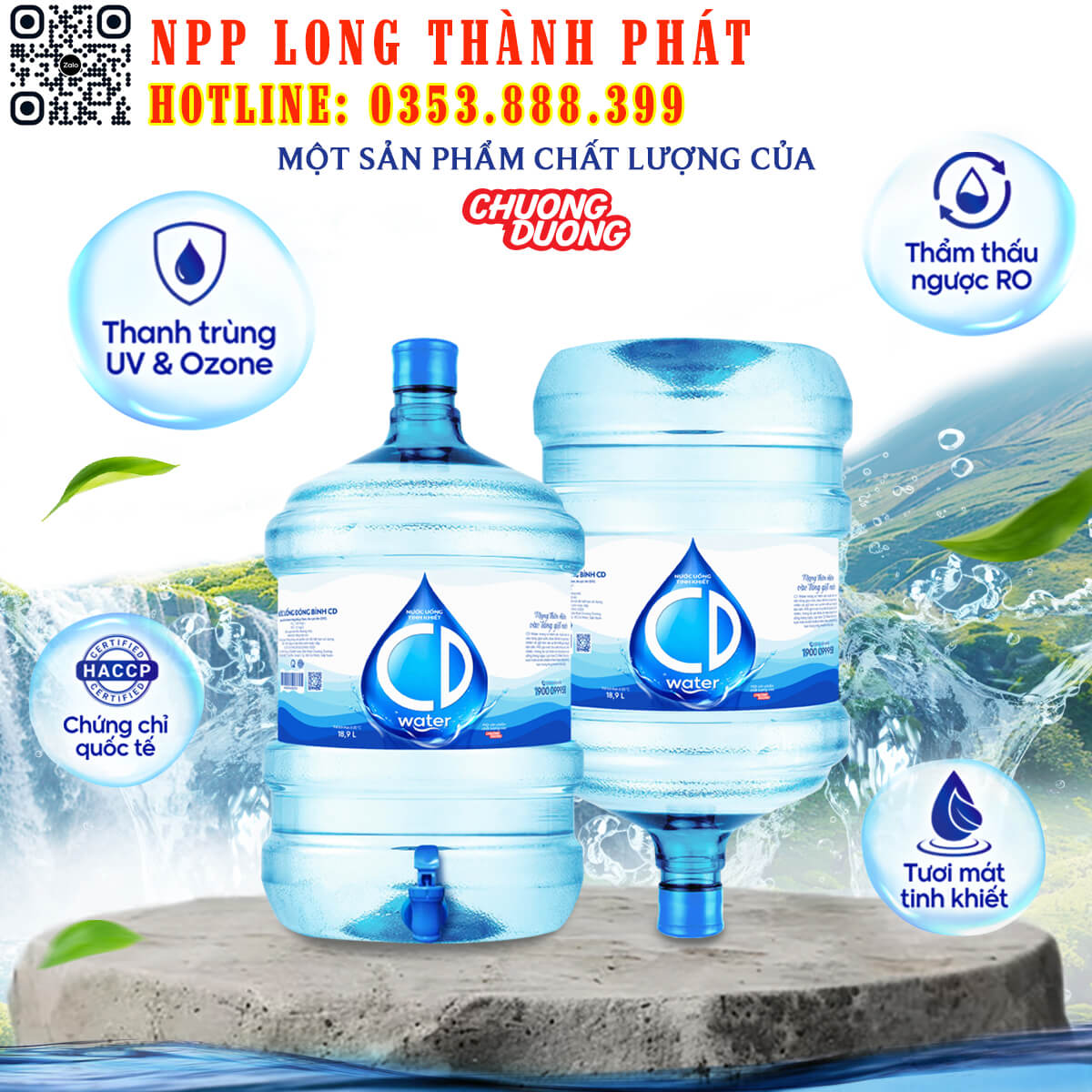 Nước tinh khiết Chương Dương 19L - Mua 2 bình tặng 01 lon Sá xị 2 Nước tinh khiết đóng bình Chương Dương